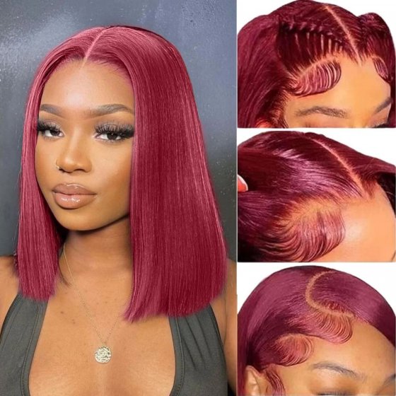 Human Hair Wigs 10 12 inch BoB Wig Lace Front Wigs 99J Color 150% Density Straight Hair Lace Wig