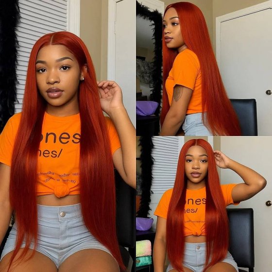 Human Hair Wigs 24 inch HD Lace Front Wig Reddish Brown Color 150% Density Straight Hair Lace Wig