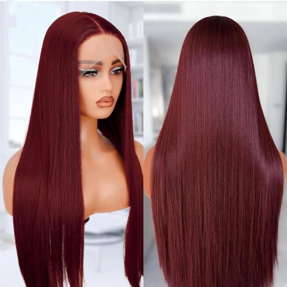 Human Hair Wigs 24 inch HD Lace Front Wigs Burgundy Color 150% Density Straight Hair Lace Wig