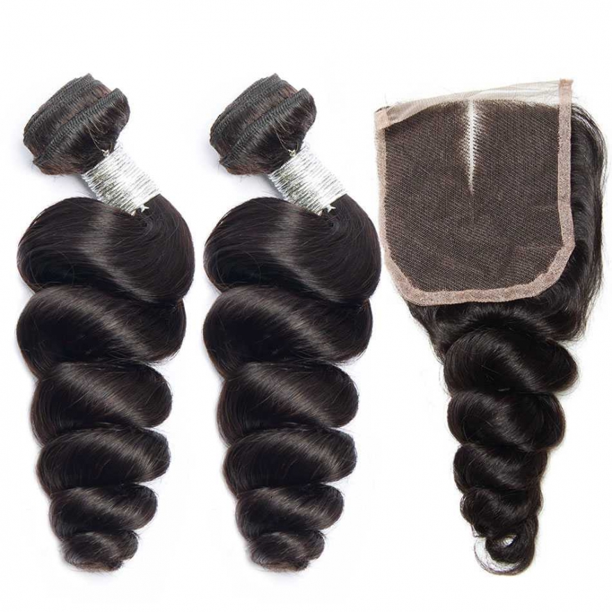 Human Hair Wefts with Lace Closure Loose Wave 10A Brazilian Virgin Hair