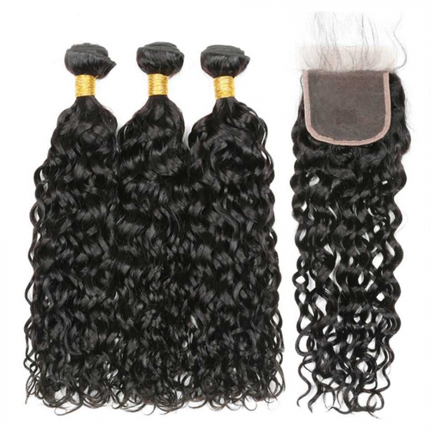 Human Hair Wefts with Lace Closure Water Wave 10A Brazilian Virgin Hair