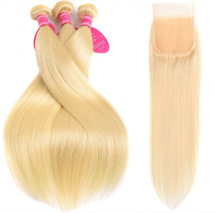 Human Hair Wefts with Lace Closure #613 Straight 10A Brazilian Virgin Hair