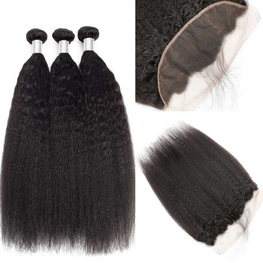 Human Hair Wefts with Lace Frontal Kinky Straight 10A Brazilian Virgin Hair
