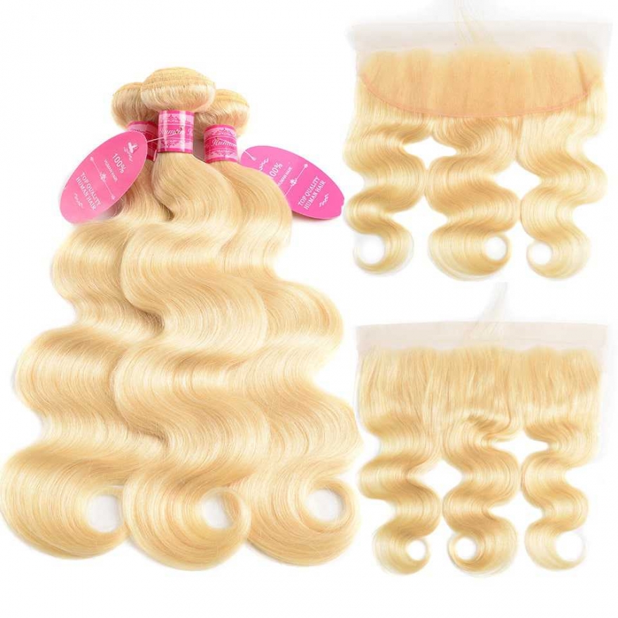 Human Hair Wefts with Lace Frontal #613 Body Wave 10A Brazilian Virgin Hair