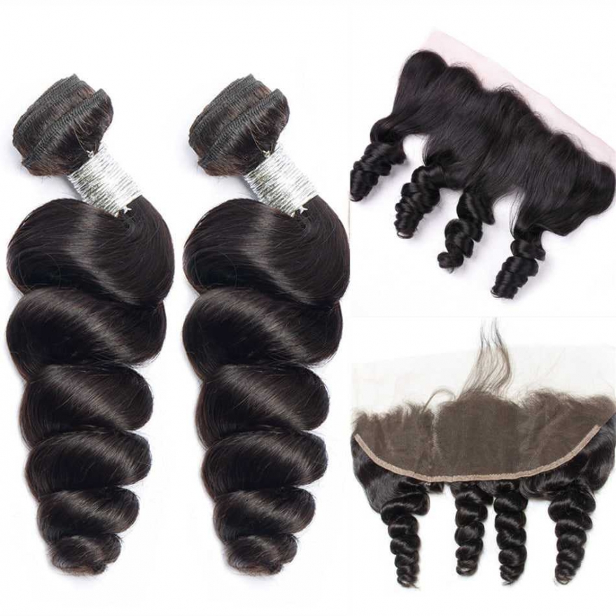 Human Hair Wefts with Lace Frontal Loose Wave 10A Brazilian Virgin Hair