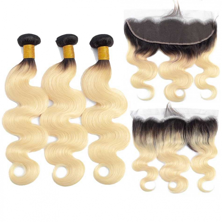 Human Hair Wefts with Lace Frontal #1B/613 Body Wave 10A Brazilian Virgin Hair