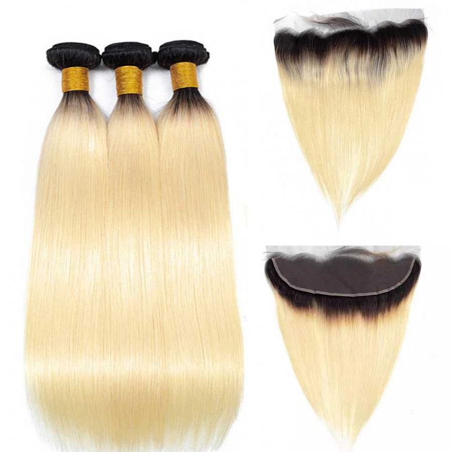 Human Hair Wefts with Lace Frontal #1B/613 Straight 10A Brazilian Virgin Hair
