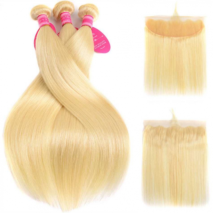 Human Hair Wefts with Lace Frontal #613 Straight 10A Brazilian Virgin Hair